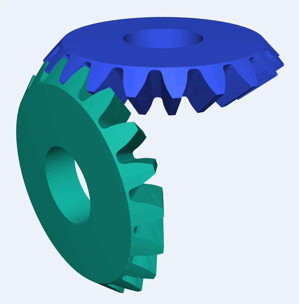 A straight miter gear pair, 20 and 20 teeth, in mesh at 90 degrees