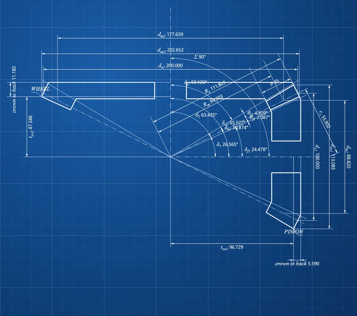 Axial section of a 20/40 straight bevel pair with pitch diameters, cone distances, face width, pitch, face, root and dedendum angles and mounting distances dimensioned