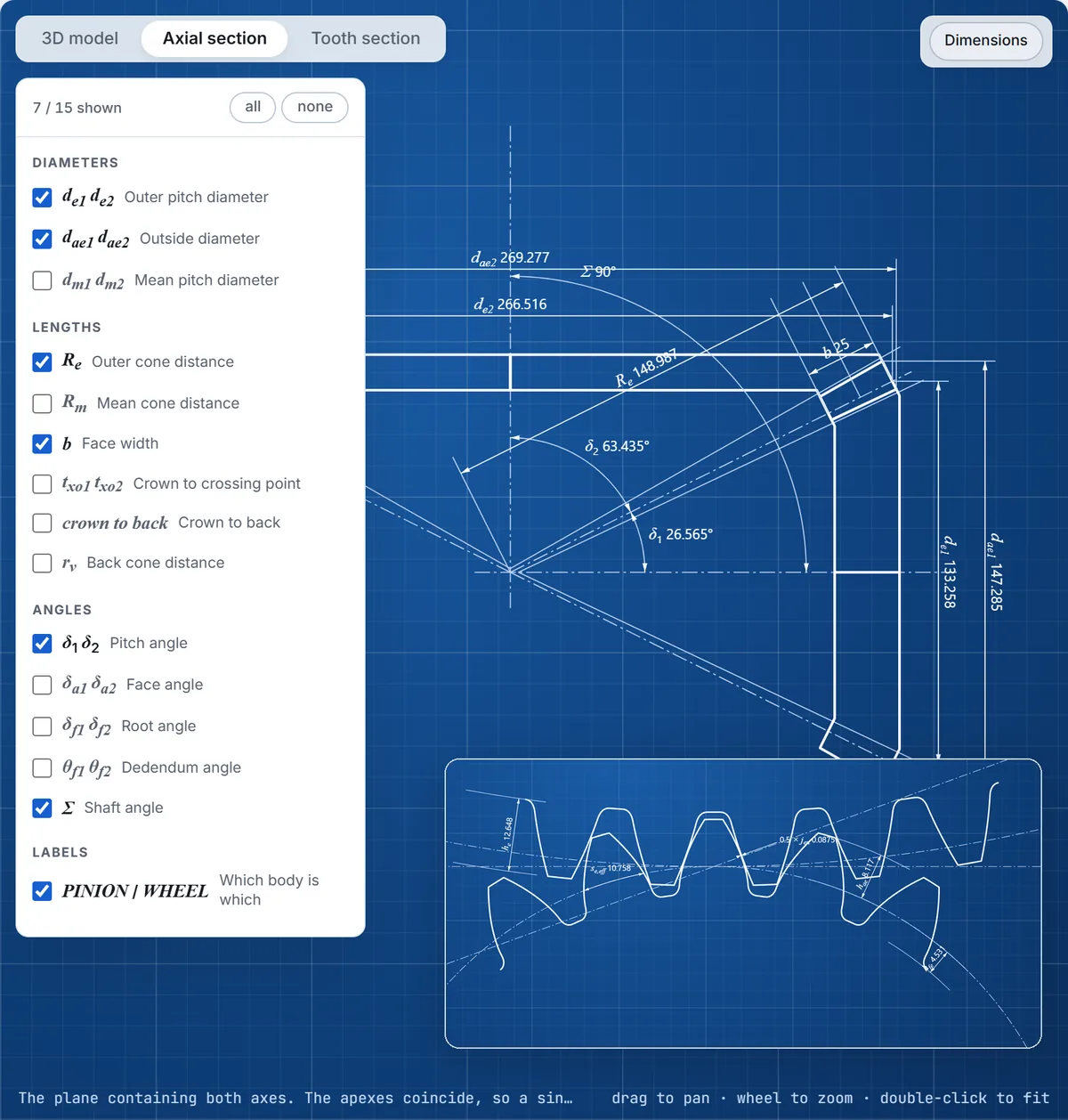 The axial section of a spiral bevel pair with its dimension list open - outer and outside diameters, cone distance, face width, pitch angles ticked - and the tooth section of a straight pair at the heel with its depths dimensioned