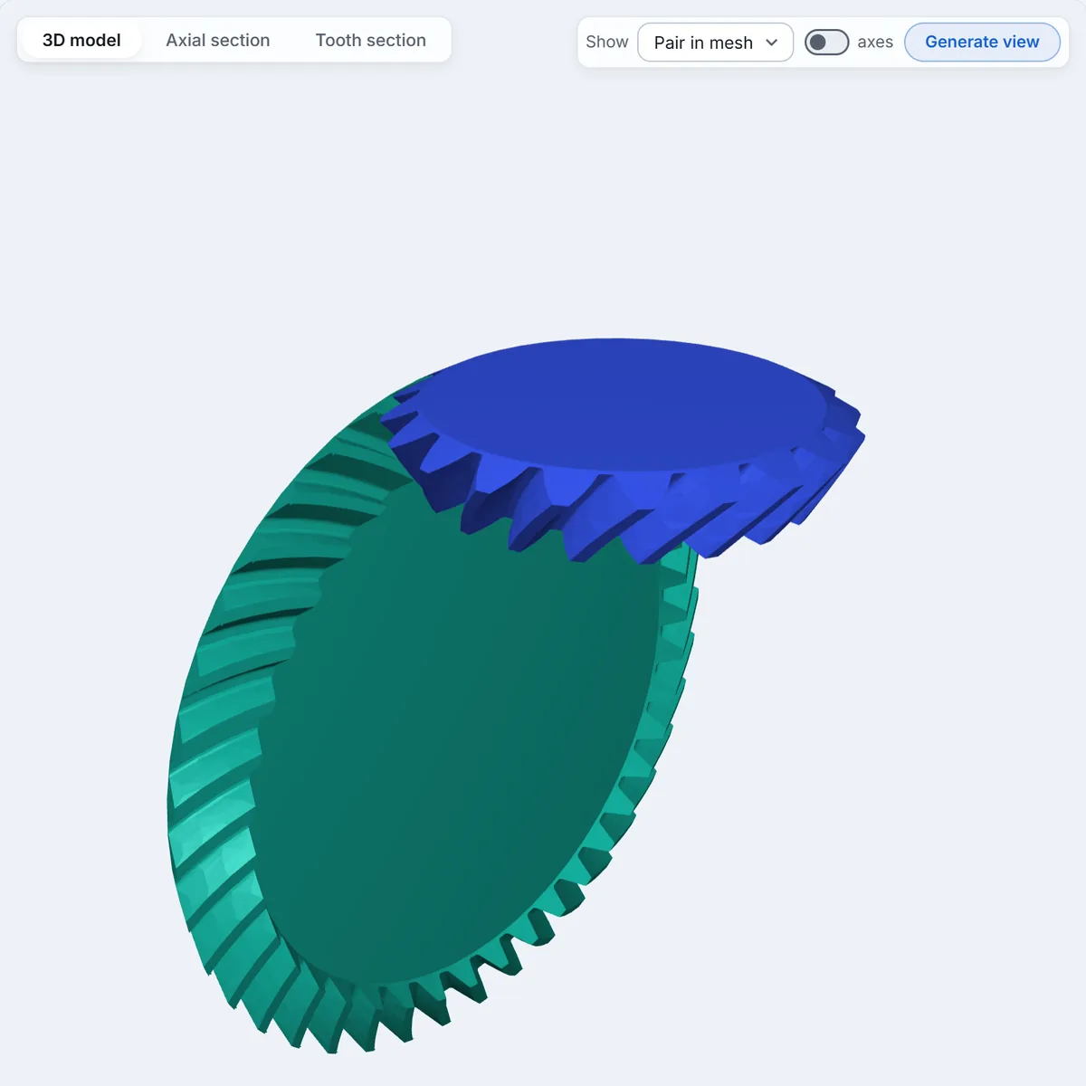 The 3D preview of a spiral bevel pair, 20 and 40 teeth, in mesh