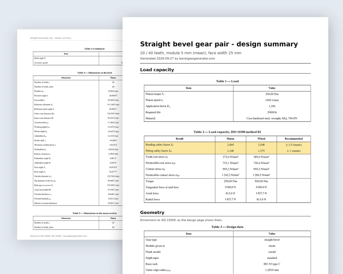 The summary report: the load capacity table with both safety factors and stresses, and the dimension table at the heel