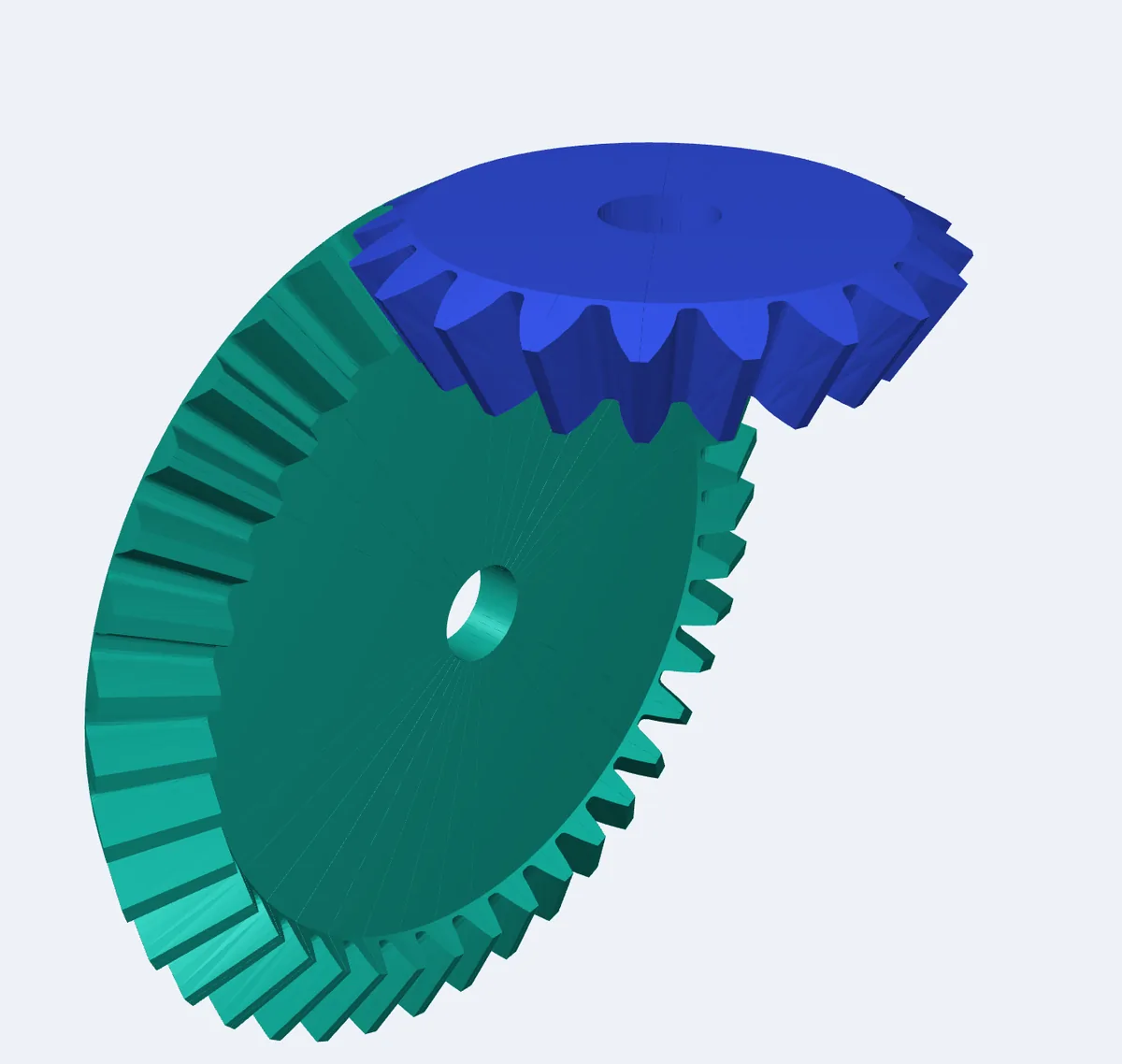 The solid model of a straight bevel pair, 20 and 40 teeth, module 5, in mesh