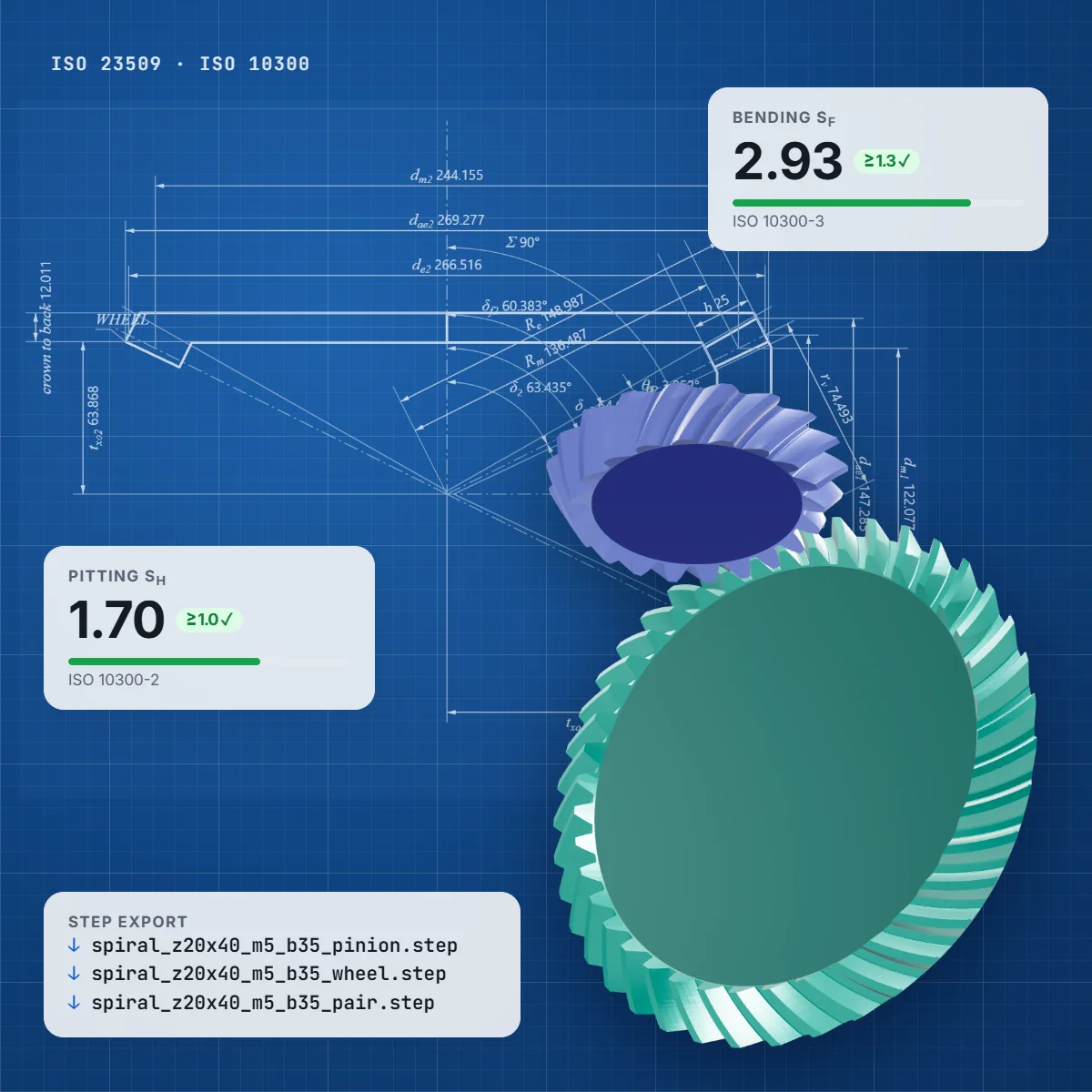 A spiral bevel gear pair, 20 and 40 teeth, over its axial section drawing, with its bending safety factor 2.93, pitting safety factor 1.70 and the three STEP files an export writes
